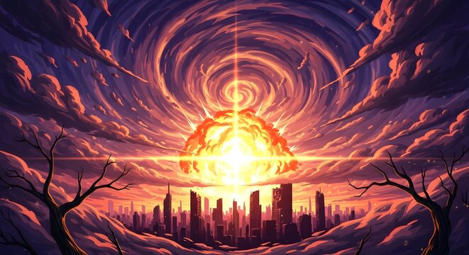 Explosion over city skyline with swirling clouds