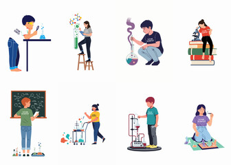 Fototapeta premium Set of illustrations depicting diverse children as future scientists engaged in various STEM experiments and educational activities in a laboratory setting.