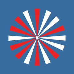 Fototapeta premium Patriotic sunburst with red and white rays on blue background