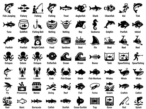 Fishing and Seafood Icons: Fish, Ocean Life, Fishing Gear & Food