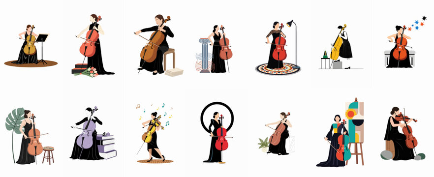 Set of minimalist flat vector illustrations featuring women cellists in black dresses playing musical instruments in various artistic scenarios and poses.