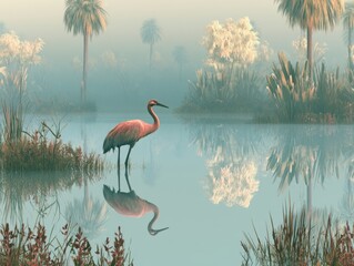 Fototapeta premium Crane Bird Wades in Misty Lake with Palm Trees and Lush Green Plants