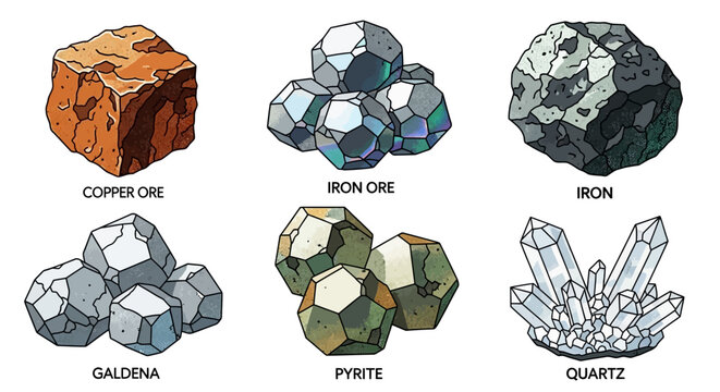 Vector illustration collection featuring a variety of raw minerals and geological ores including copper galena pyrite iron and quartz crystals
