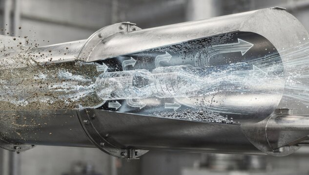 Venturi scrubber in action medium shot revealing highvelocity air flow and liquid droplets removing particulate pollutants from factory exhaust.