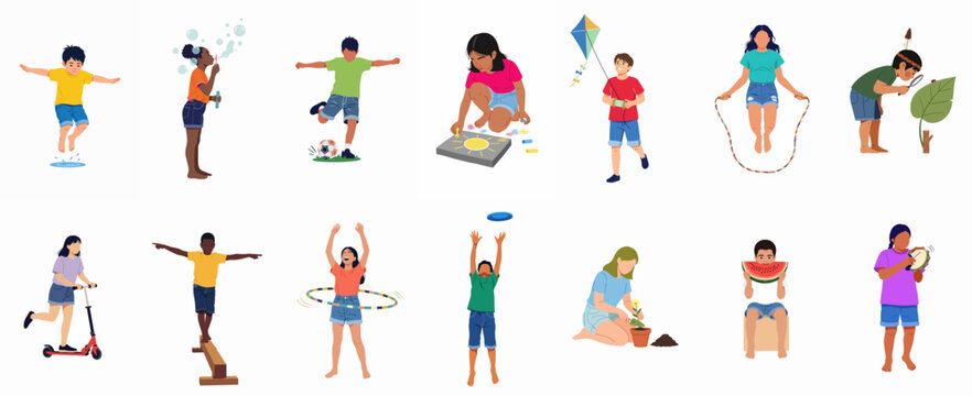 Collection of diverse children enjoying various outdoor summer activities like sports, games, and nature exploration, isolated on white background.
