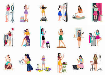 Fototapeta premium Vector illustration set featuring young women performing beauty routines, applying makeup, choosing outfits, and preparing for professional fashion and content creation shoots.