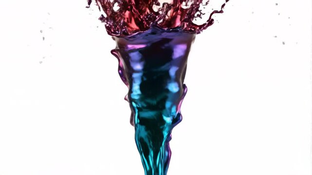 A thick iridescent liquid stream flows downward with vibrant swirling colors and splashes