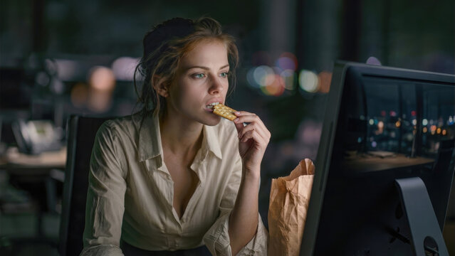 A focused woman working late in a dark office, illuminated by a computer monitor, eating a cracker from a paper bag with city lights blurred in the background.