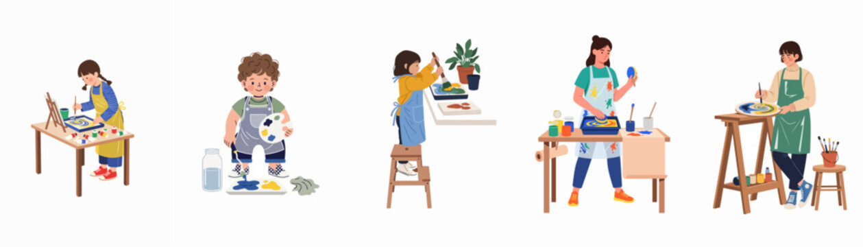 Illustration set of children and adults engaged in creative paper marbling and ebru art activities in a workshop or classroom setting.