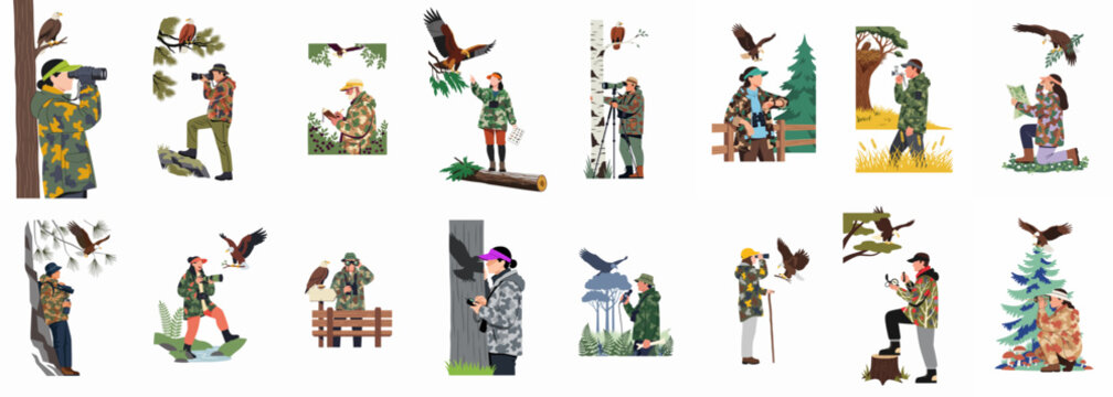 Flat illustration set of birdwatchers and wildlife photographers tracking and capturing images of bald eagles in diverse outdoor settings.