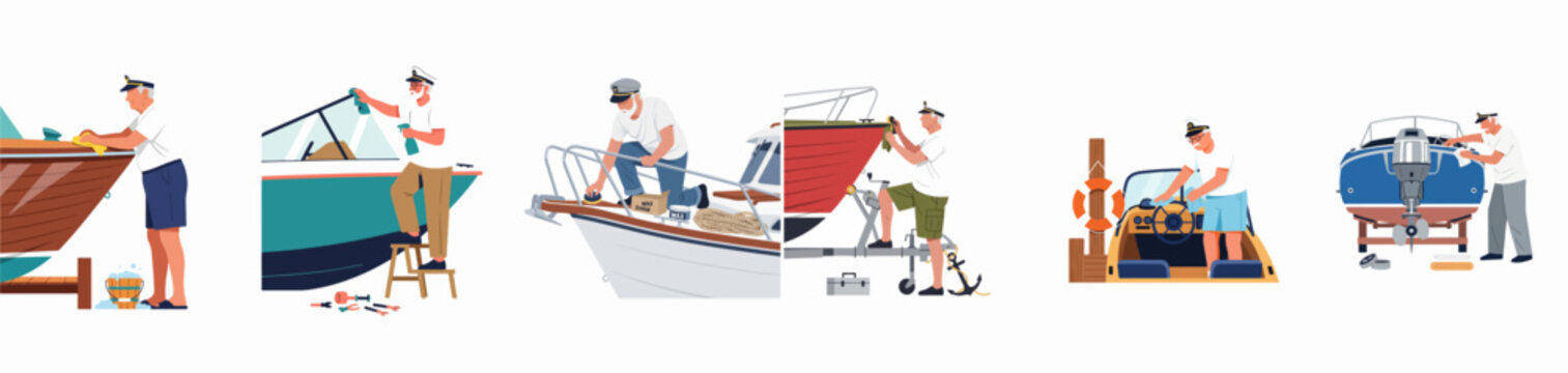 Illustration set of a senior captain performing various boat maintenance and cleaning tasks like polishing the hull, cleaning windows, and engine care.