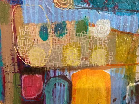 Abstract painting with square grid pattern and circular forms