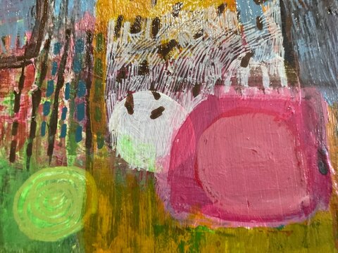 Abstract painting with pink and white circular shapes on green field