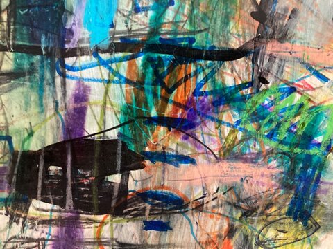 Abstract drawing with crayon scribbles and dark organic shapes