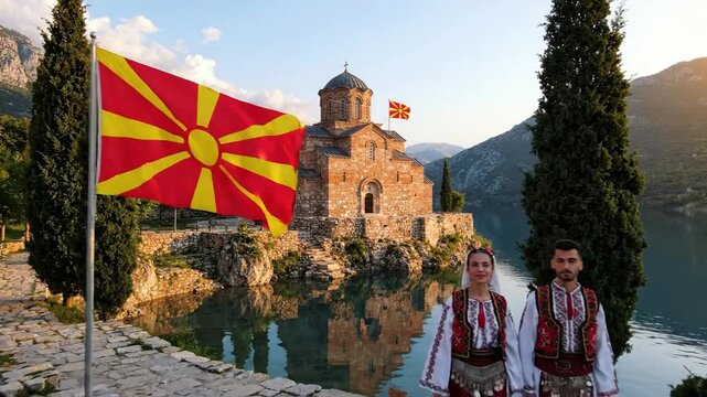 Macedonian couple in traditional folk costumes at saint john at kaneo church with waving national flag of north macedonia