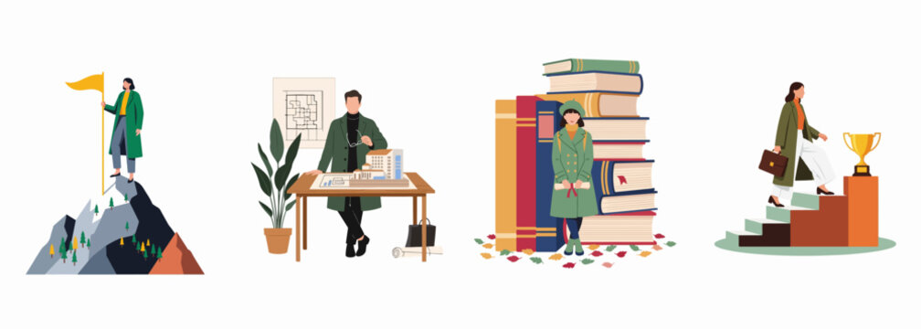 A collection of flat vector illustrations representing professional success, academic achievement, career advancement, and goal-oriented achievements in various fields.