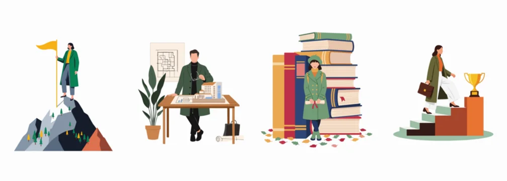 A collection of flat vector illustrations representing professional success, academic achievement, career advancement, and goal-oriented achievements in various fields.