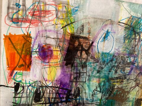 Abstract crayon and paint drawing with orange square and circular forms