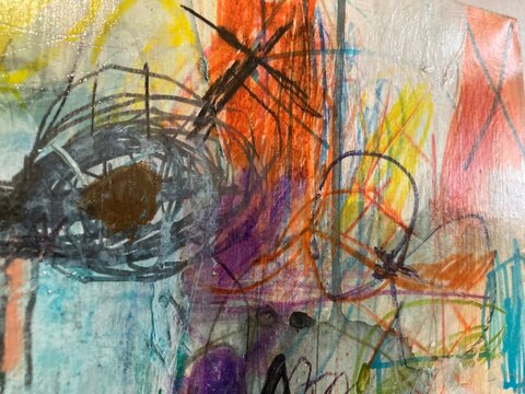 Abstract drawing with crayon scribbles and nest-like circular shapes