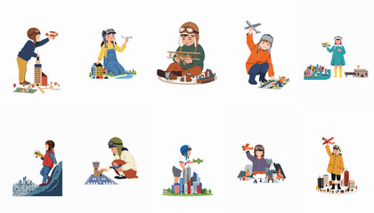 Fototapeta premium Set of illustrations depicting children playing with toy airplanes over miniature cities, wearing pilot gear and imagining future careers in aviation and flight.