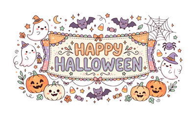 Fototapeta premium Pastel Cute Ghost and Pumpkin Happy Halloween Banner Doodle