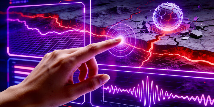 Scientist using futuristic digital touchscreen interface monitoring earthquake seismic activity and tectonic crack lines.