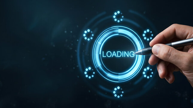 System interface showing LOADING state with circular buffering animation and progress synchronization indicators
