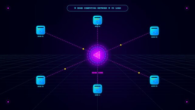 Glowing data packets travel along a futuristic edge computing network as the system load dynamically fluctuates on a neon cyber security interface