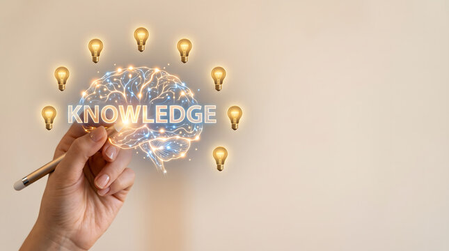 Intelligent knowledge system visualization featuring connected neural brain hologram and lightbulb insights representing learning and idea generation