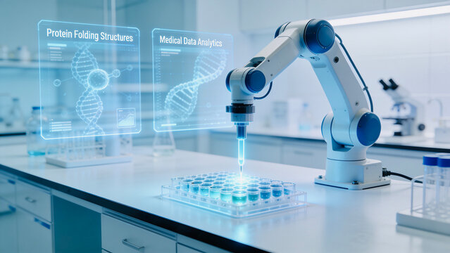 Automated robotic arm working with liquid samples in laboratory with digital interface for protein folding structures and medical data analytics.