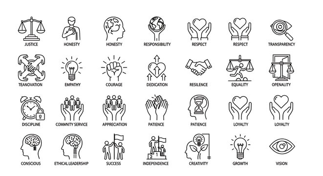 Set of human values ethics and corporate integrity line icons with integrity morality business character philosophy fairness ideology thinking behavior leadership principle standard