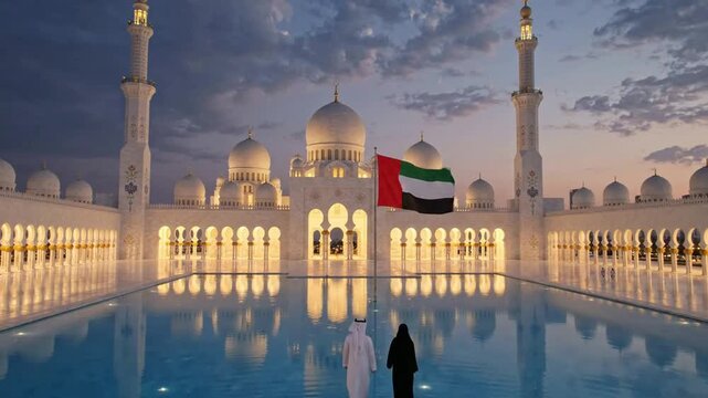 Emirati couple at sheikh zayed grand mosque in abu dhabi with uae flag waving at sunset, iconic islamic architecture and cultural heritage travel