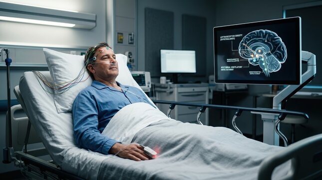 Clinical sleep-study scene with a patient on a cot, pulse oximeter clip, nasal cannula, EEG leads, and a nearby 3D anatomy screen showing leptin receptors and neurotransmitter pathways, linking