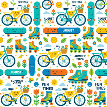 Vibrant Summer Fun Vector Illustration Featuring Skateboards Roller Skates Bicycles and Playful Outdoor Activities for August 2024 Calendar Design rollerblades