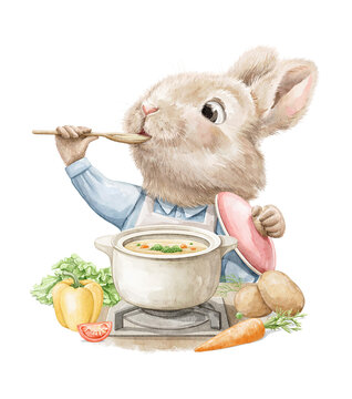 Easter cartoon cute Chef cook bunny rabbit boy in blue shirt cooking soup with vegetables food and tastes it from pot isolated on white background. Watercolor and pencil hand drawn illustration sketch