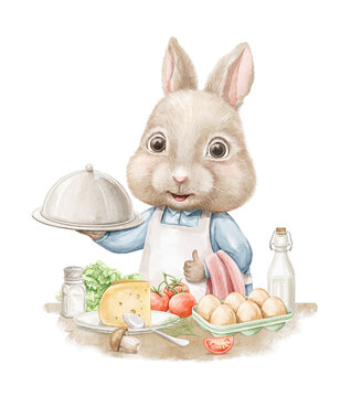 Easter cartoon cute Chef cook bunny rabbit boy in blue shirt holds food tray cloche and stands nearby cutting board with vegetables and products. Watercolor and pencil hand drawn illustration sketch