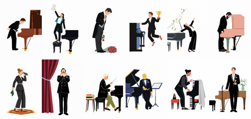 Vector illustration collection of diverse pianists and musicians in formal attire celebrating performances, bowing, and playing grand and upright pianos. © Ricardo