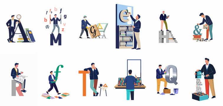 Set of Illustrations Featuring Men Working with Large Typography, Fonts, and Graphic Design Elements