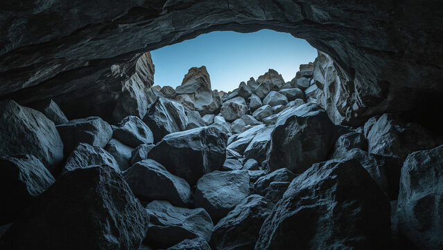 A dimly lit cave passage with rough stone walls and a small opening at the top for light