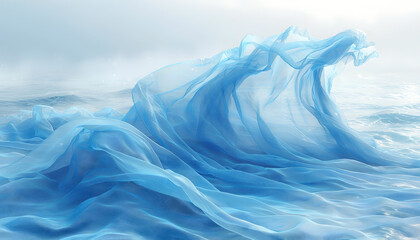 Naklejka premium Ethereal blue wave fabric flowing water ocean fantasy soft light abstract sea dreamy texture delicate veil airy motion create tranquil surreal seascape