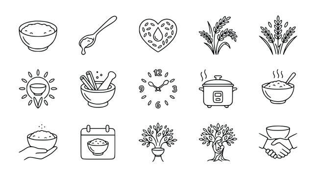 Rice Icons Set: Bowl, Spoon, Grains, Heart, Mortar, Clock, Cooker, Calendar, Tree, Hands