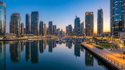 Obraz premium Modern skyscrapers of Dubai Marina reflecting in calm canal water surface