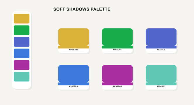 Illustration of six color swatches with soft shadows on a light background