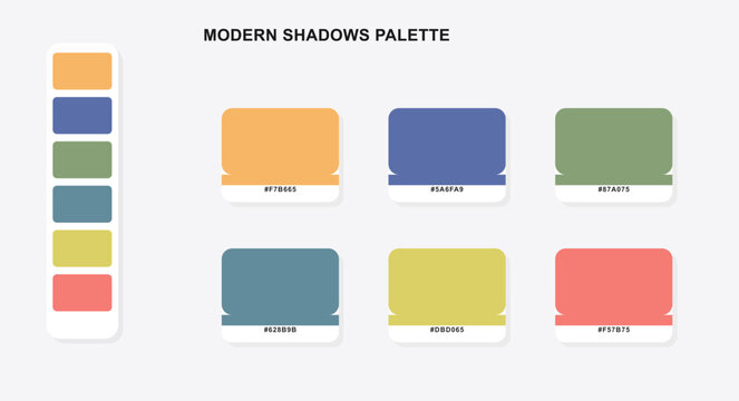 Modern shadows palette with six color swatches and hex codes on light background