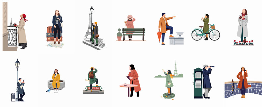 Collection of flat vector illustrations featuring tourists and travelers exploring Paris, France, with iconic landmarks like the Eiffel Tower and various city activities.