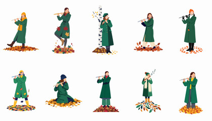 Flat vector illustrations of a woman in a green coat playing the flute among colorful autumn leaves in different poses. © Ricardo