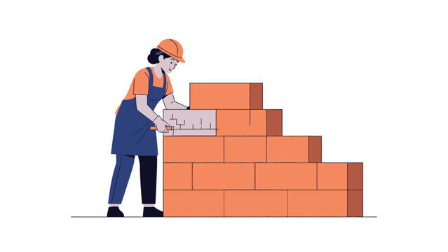 Female Construction Worker Building Brick Wall Illustration