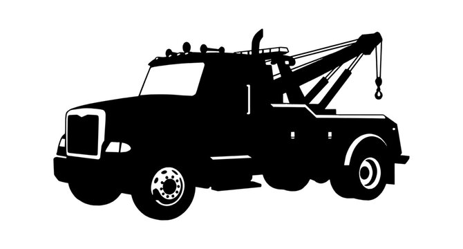 Black silhouette of a tow truck with a crane hook for roadside vehicle assistance and professional towing services in a simple graphic style isolated on transparent background, Vector