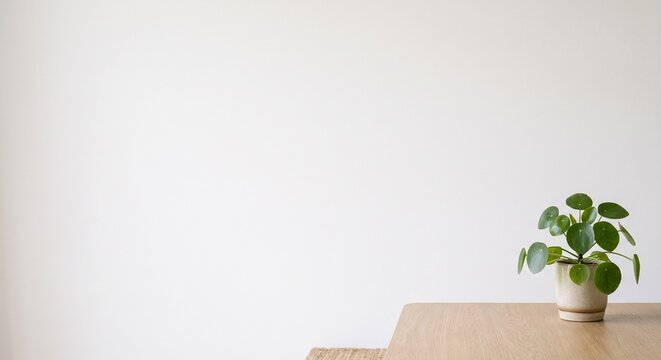 明るい北欧風のミニマルなホームオフィス、ライトオーク材のデスクと観葉植物、コピースペース