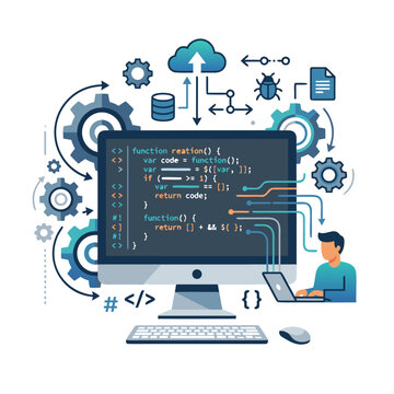 Software development and programming concept infographic with lines icons. Vector illustration of a computer screen displaying Javascript code script, surrounded by database cloud computing, system 